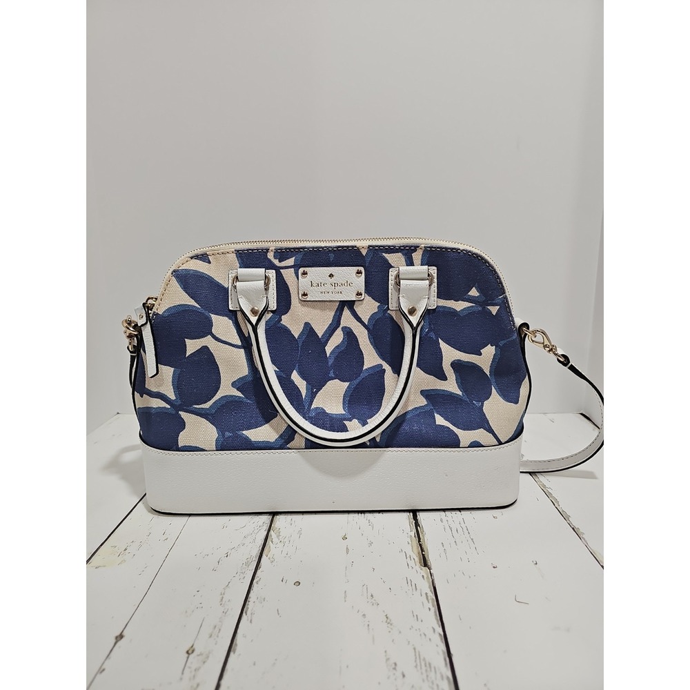 Kate Spade Wellesley Rachelle Leaves Dome Satchel Handbag Navy Blue White Canvas